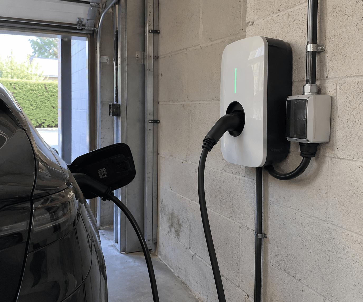 Borne de recharge murale installée dans un garage, voiture en charge