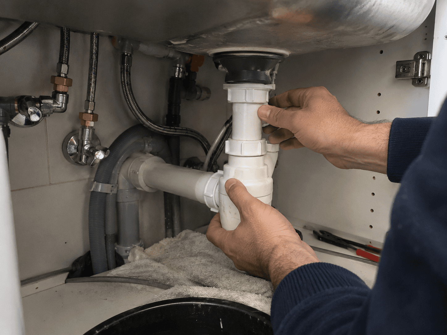 Plombier réparant un siphon sous un évier