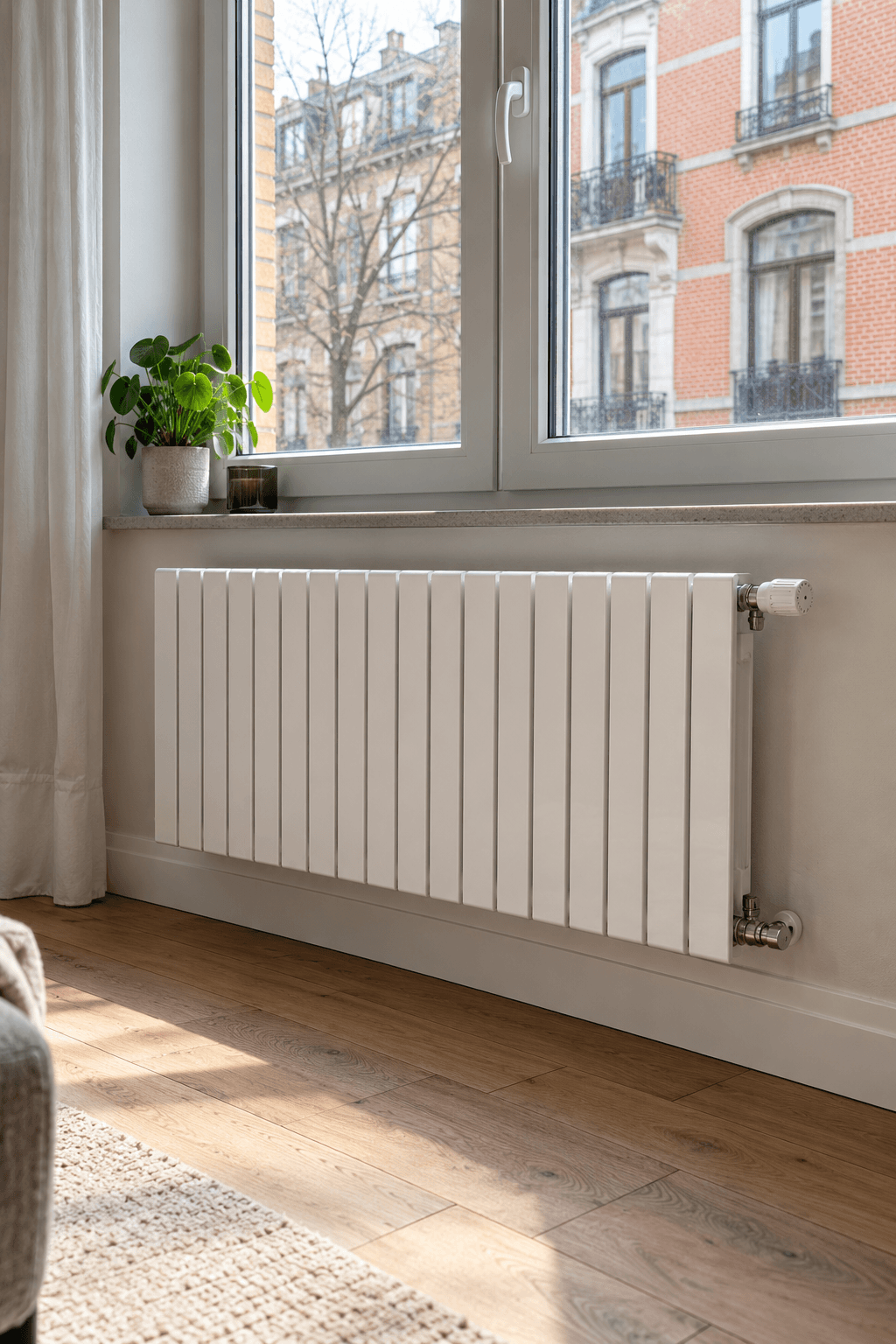 Radiateur neuf posé sous une fenêtre