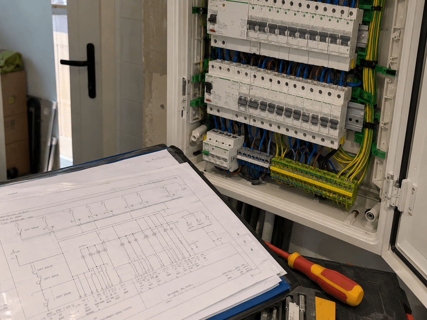Schéma unifilaire posé à côté d'un tableau électrique