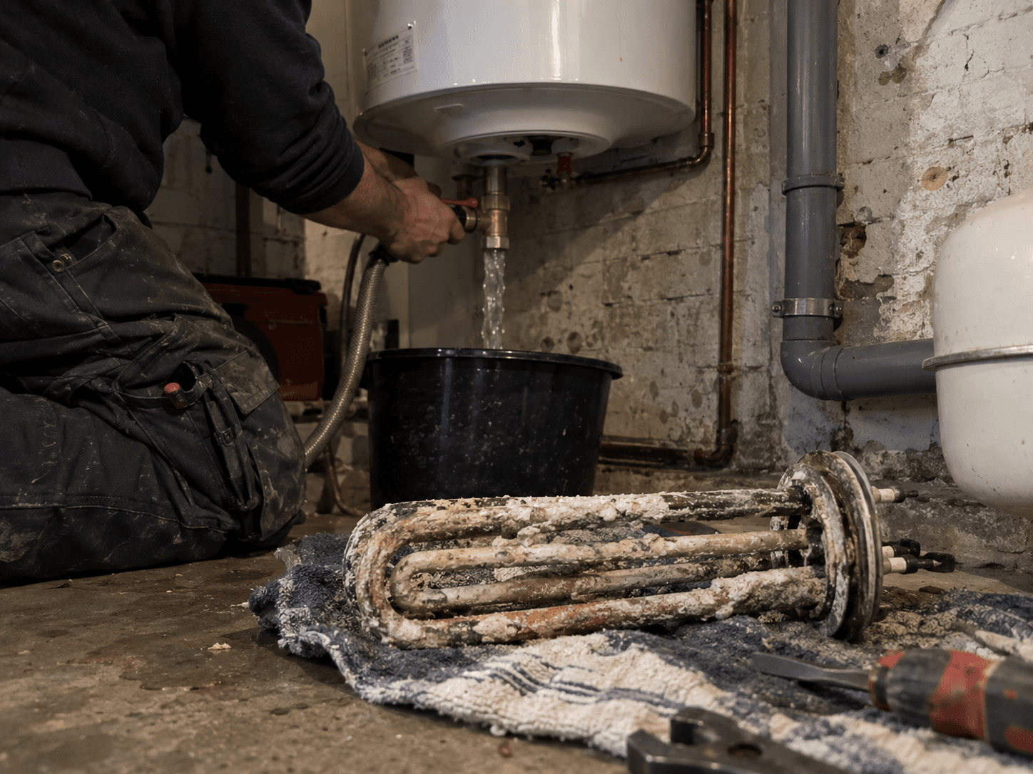Boiler électrique en cours de vidange, résistance entartrée posée au sol