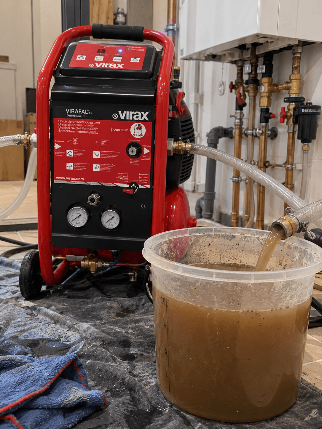 Eau boueuse retirée d'un circuit de chauffage, à côté de la machine de désembouage