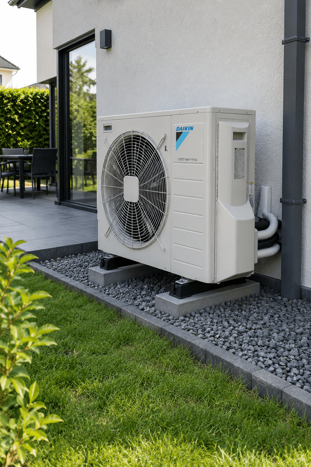 Unité extérieure d'une pompe à chaleur air-eau installée dans un jardin