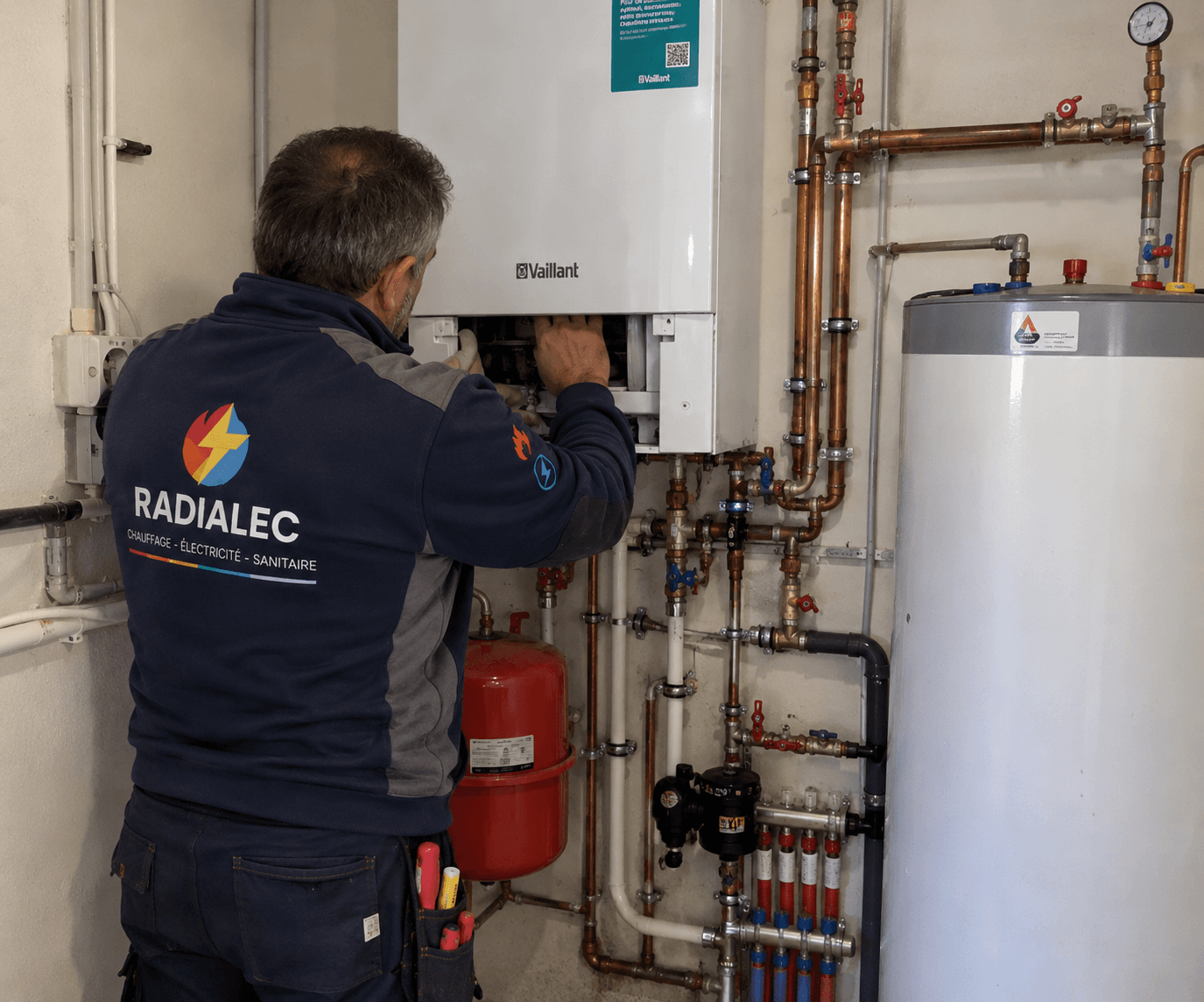 Technicien Radialec réglant le module intérieur d'une pompe à chaleur, à côté du ballon d'eau chaude