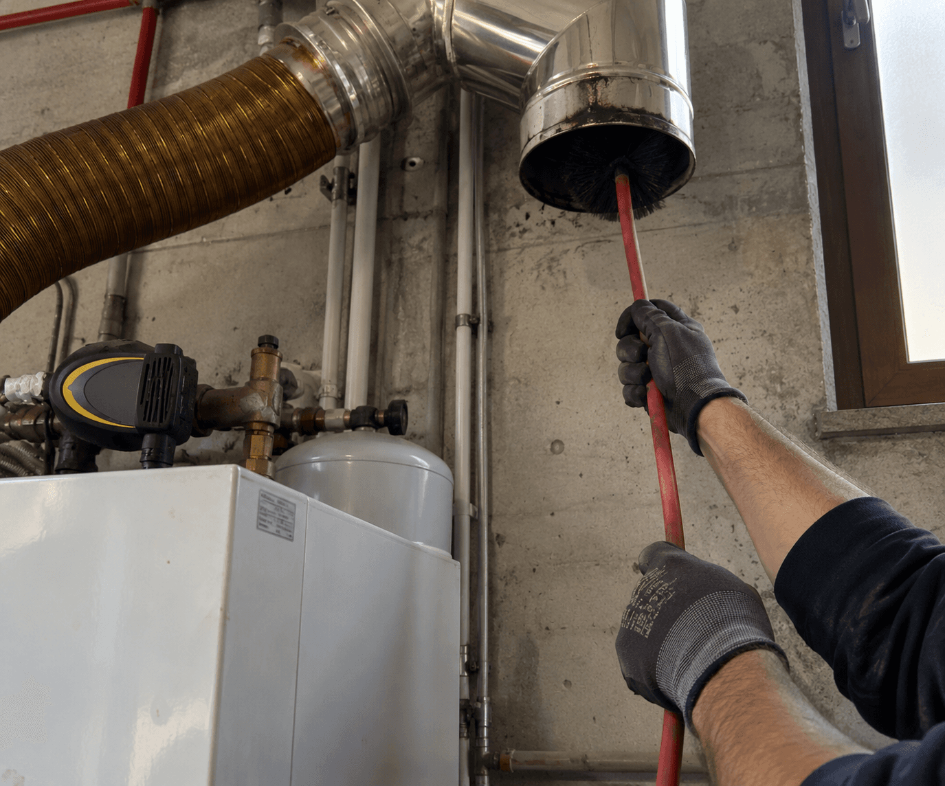 Technicien ramonant un conduit de fumée